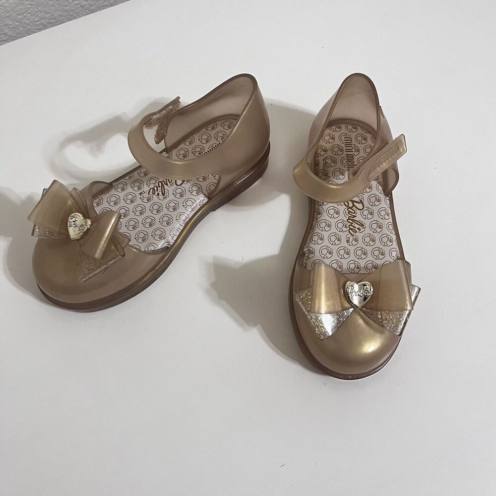 Mini Melissa Amy x Barbie Gold Mary Jane Bow Sandal Shoes Toddler Girls Size 10